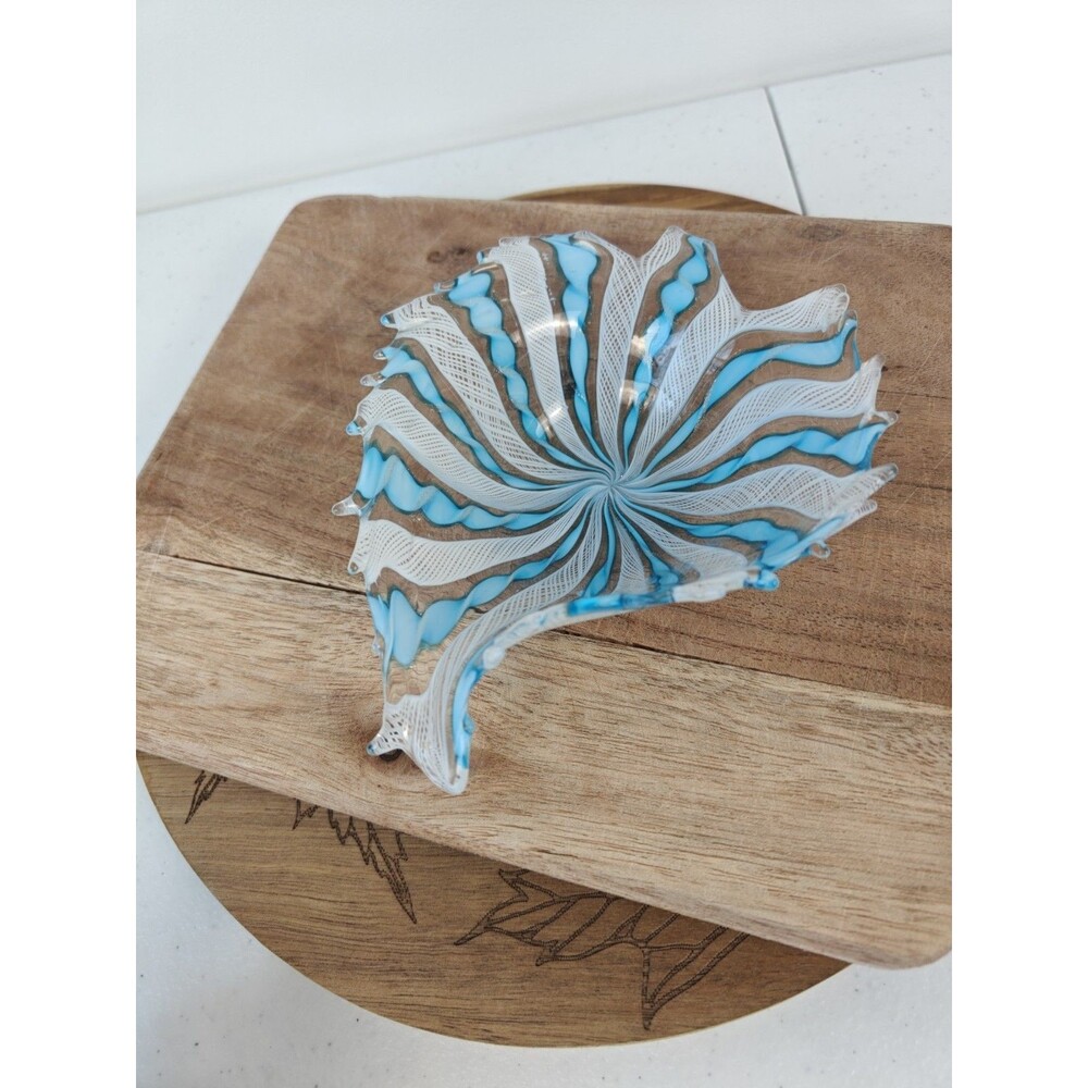 MCM Vintage Murano Latticino Ribbon hand-blown Glass Leaf Shaped Bowl Trinket